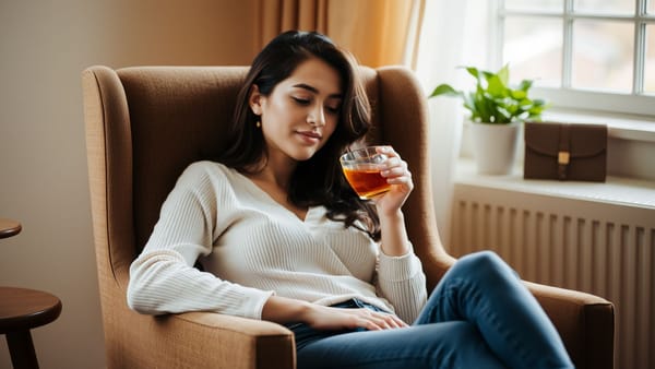 편안한 의자에 앉아 차를 마시며 휴식을 취하는 여성의 모습