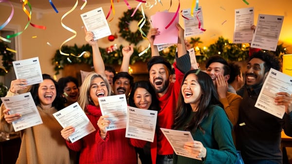연말정산 서류를 들고 기뻐하는 사람들의 모습