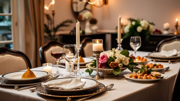테이블 위에 고급스럽게 차려진 저녁 식사 이미지