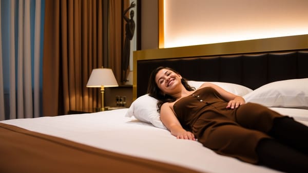 호텔 침대에 누워있는 사람의 모습