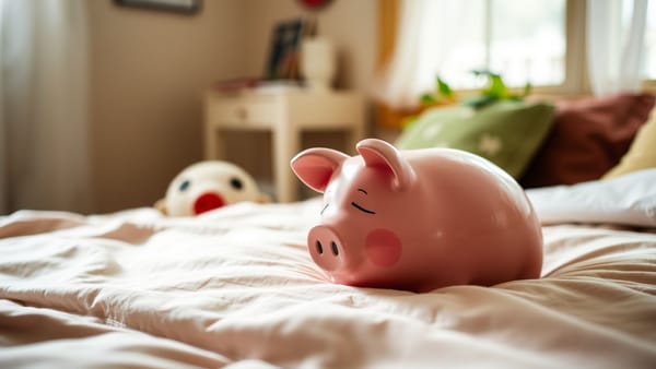 침대에서 자고 있는 돼지 저금통 이미지