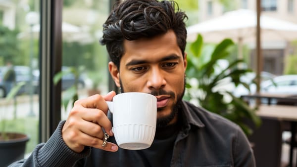 커피를 마시며 펀드 투자를 하는 모습