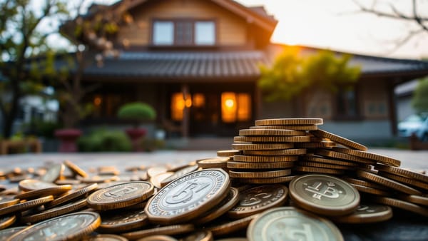 집을 배경으로 엽전이 쌓여있는 모습