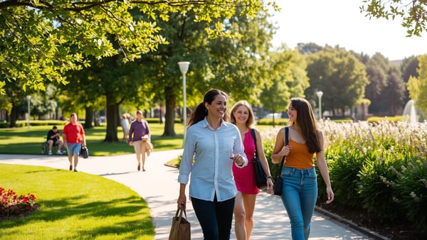 공원에서 편안하게 산책을 즐기는 사람들의 모습