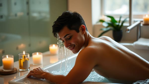 아로마 향초가 켜진 욕실에서 샤워하는 모습