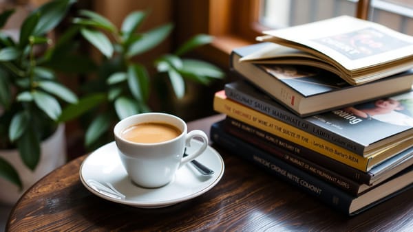 책이 쌓여있는 테이블 옆에 커피잔이 놓여있는 이미지