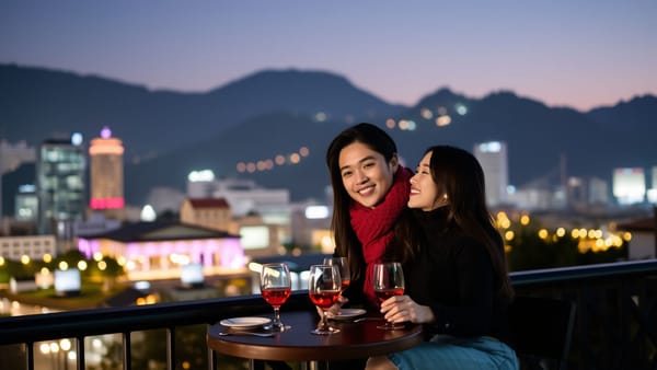 사랑스러운 커플이 서울의 아름다운 야경을 배경으로 데이트를 즐기는 모습