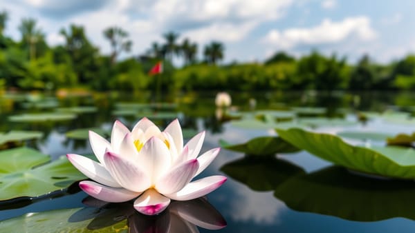 고요한 호수 위에 떠 있는 연꽃