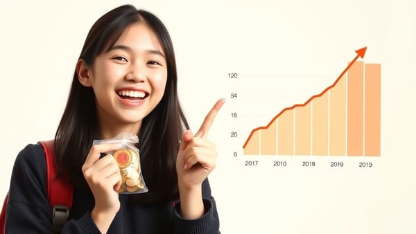 신용점수 상승 그래프와 엽전 주머니를 들고 기뻐하는 사회초년생의 모습