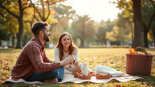공원에서 돗자리를 펴고 데이트를 즐기는 커플의 모습