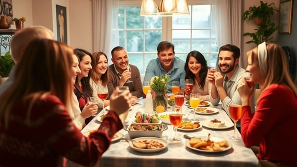 파티 테이블에 맛있는 음식과 음료가 차려져 있고, 친구들이 즐겁게 대화하는 모습