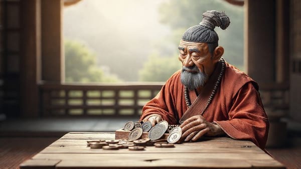 돈을 효율적으로 관리하기 위해 예산을 세우는 노비의 모습. 주판과 엽전을 앞에 두고 진지하게 고민하는 노비와, 그 뒤로 밝게 빛나는 미래가 보이는 배경.