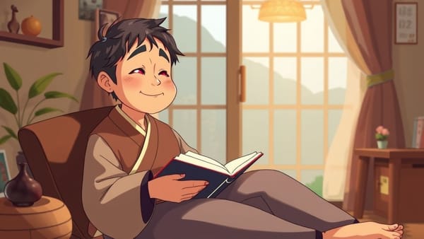 퇴근 후 지친 노비가 집에서 편안하게 취미 생활을 즐기며 행복해하는 모습. 따뜻한 조명 아래 책을 읽거나 그림을 그리는 등 평화로운 분위기.