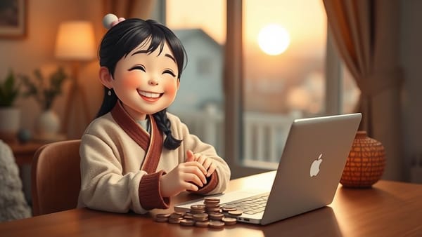 퇴근 후 여유 시간에 노트북을 보며 엽전을 세는 밝고 친근한 노비의 모습. 부수입으로 지갑을 채우는 행복한 분위기.