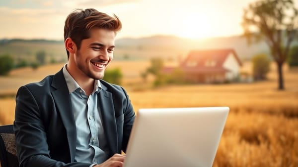젊은 직장인이 노트북을 보며 흐뭇하게 웃고 있는 모습, 뒤에는 황금빛으로 물든 들판과 집이 보이는 평화로운 풍경
