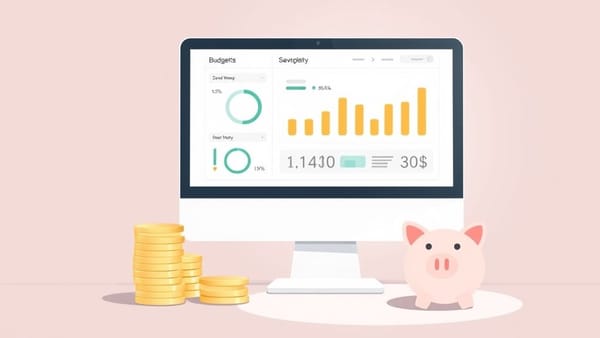 컴퓨터 화면에 가계부 앱이 열려 있고, 돈이 절약되는 것을 나타내는 그래프와 동전들이 놓여 있는 모습.