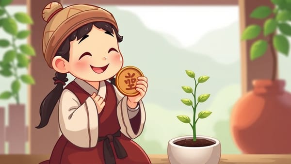 엽전을 들고 웃고 있는 노비가 작은 새싹이 자라는 화분을 바라보는 모습