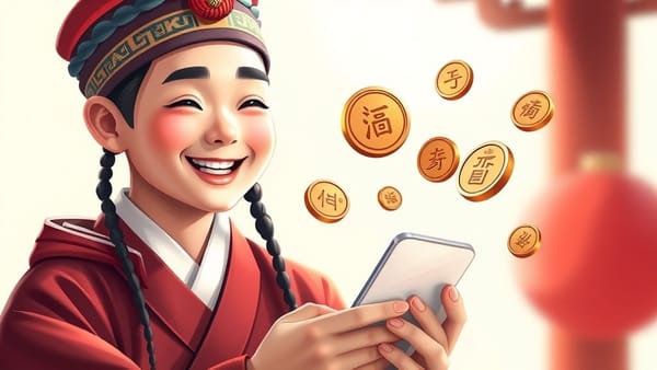 스마트폰으로 간편 송금 앱을 사용하는 젊은 노비가 활짝 웃고 있으며, 엽전이 흩날리는 배경.