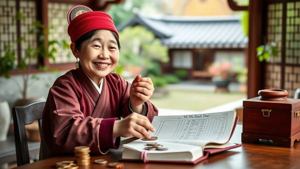 계획적으로 소비하는 현명한 노비의 모습. 장부를 펼쳐 놓고 엽전을 세고 있는 노비가 밝게 웃고 있다. 배경은 한옥의 정원이며, 평화로운 분위기이다.