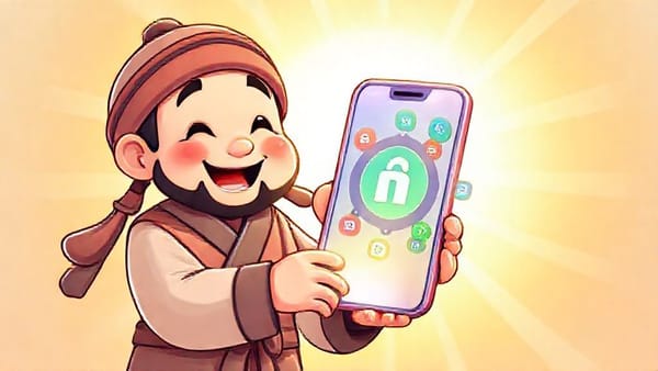 스마트폰 화면에 여러 금융 앱 아이콘이 모여 하나의 큰 앱 아이콘처럼 보이는 이미지. 그 앞에 경제 초보를 상징하는 귀여운 노비 캐릭터가 환하게 웃으며 스마트폰을 들고 있는 모습.