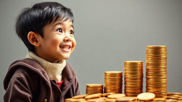 복리 효과를 상징하는, 시간이 지남에 따라 커지는 동전 더미를 바라보는 행복한 노비