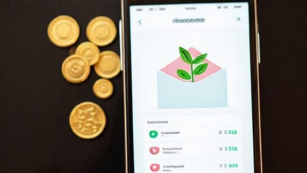 봉투 모양의 예산 칸이 디지털화된 스마트폰 앱 화면이 보이고, 그 위에 동전과 작은 새싹이 놓여있는 모습. 예산을 효율적으로 관리하여 돈이 불어나는 것을 상징.