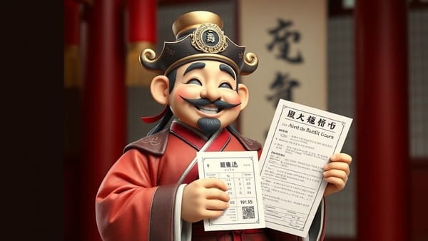 고대 한국의 노비가 신용 점수 관련 서류를 들고 뿌듯하게 웃고 있는 모습