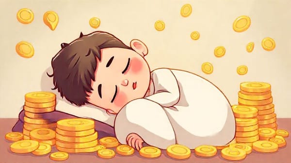 편안하게 잠든 노비 옆에 엽전이 쌓여가는 모습