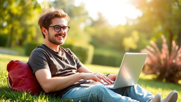 푸른 잔디밭에 앉아 여유롭게 노트북을 보고 있는 젊은 사람의 모습