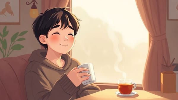 일상에 지쳐 잠시 쉬고 있는 노비가 따뜻한 차 한 잔을 마시며 편안하게 미소 짓는 모습