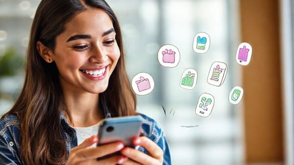 다양한 금융 앱 아이콘들이 펼쳐진 스마트폰 화면을 바라보는 행복한 모습의 경제 초보.