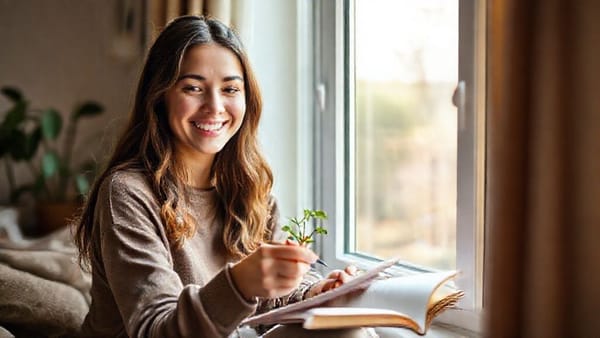 밝은 표정의 젊은 여성이 집에서 식물을 돌보거나 그림을 그리는 등 소박하지만 행복한 취미생활을 즐기는 모습