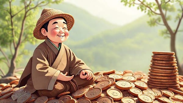 엽전 위에 앉아 명상하며 미소 짓는 편안한 노비의 모습