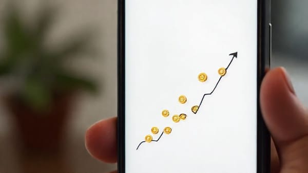 스마트폰 화면에서 작은 동전들이 자동으로 움직여 주식 그래프를 따라 올라가는 모습