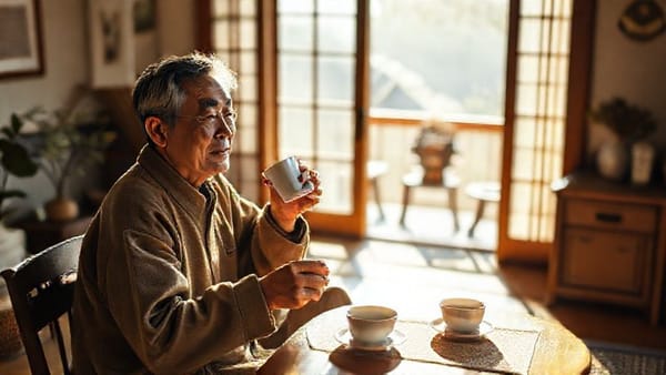 햇살 가득한 창가에서 커피를 마시며 여유롭게 하루를 시작하는 노비의 모습