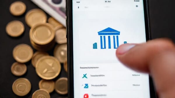 스마트폰 화면에 은행 앱이 띄워져 있고, 손가락이 화면을 터치하고 있는 모습. 배경에는 동전과 지폐가 깔려있어 금융 활동을 연상시킨다.