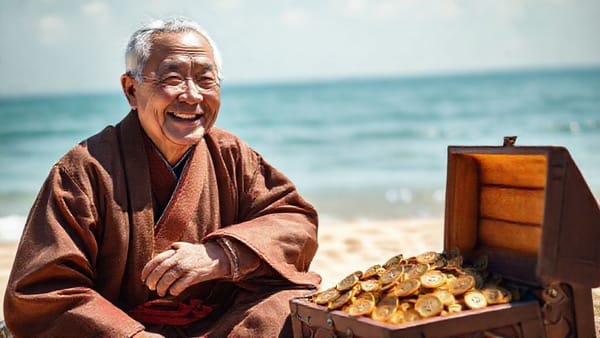 해변가에서 편안하게 휴식을 취하며 미소 짓는 노비의 모습. 옆에는 엽전이 가득한 보물상자가 놓여있고, 배경에는 평화로운 바다가 펼쳐져 있다.