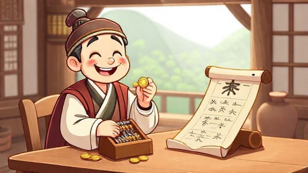 돈을 아끼고 관리하는 노비가 즐거워하는 모습, 예산 계획을 세우는 모습