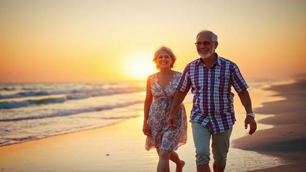 환하게 웃는 노부부가 손을 잡고 해변을 거니는 모습