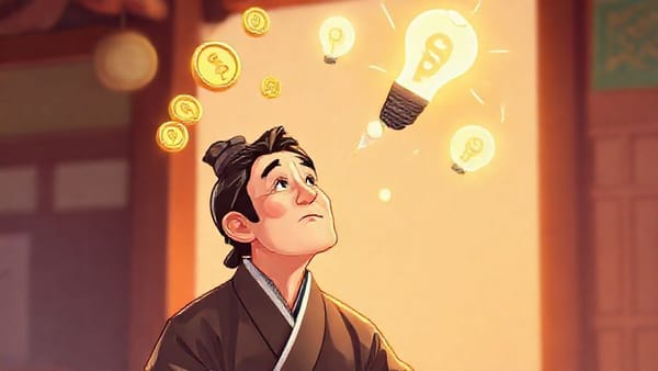 고민하는 노비가 돈 모양의 아이디어를 떠올리는 모습