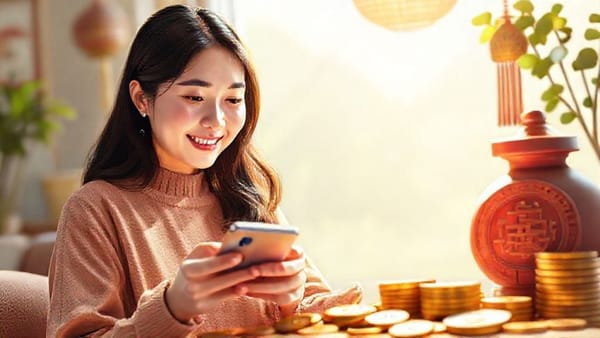 푼돈을 모아 ETF에 투자하는 초보 노비의 모습. 희망찬 표정으로 스마트폰으로 투자 정보를 확인하며, 주변에 동전과 엽전이 가득하다.