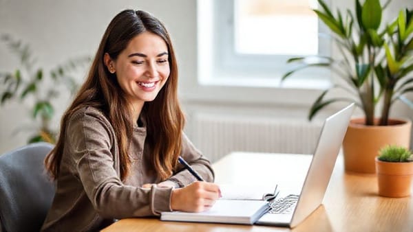 책상에 앉아 노트북과 종이에 무언가를 계획하며 미소 짓는 20대 여성