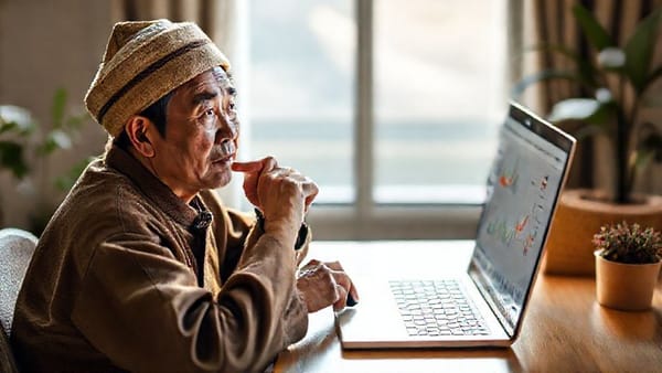 노트북 화면에 다양한 투자 지표와 그래프가 표시된 투자 플랫폼이 열려 있고, 그 앞에서 생각에 잠긴 노비가 마우스를 들고 있는 모습.