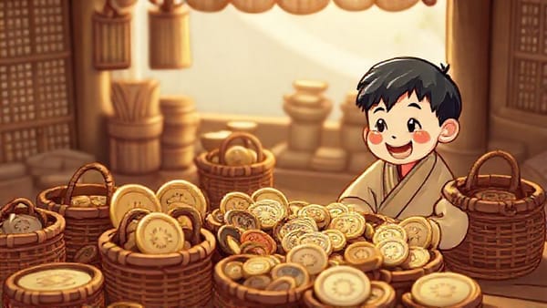다양한 종류의 엽전들이 여러 개의 작은 바구니에 안전하게 나뉘어 담겨 있는 모습. 한 노비가 흐뭇하게 이를 바라보고 있다.