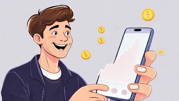 스마트폰으로 주식 그래프를 보고 있는 행복해 보이는 사람의 모습