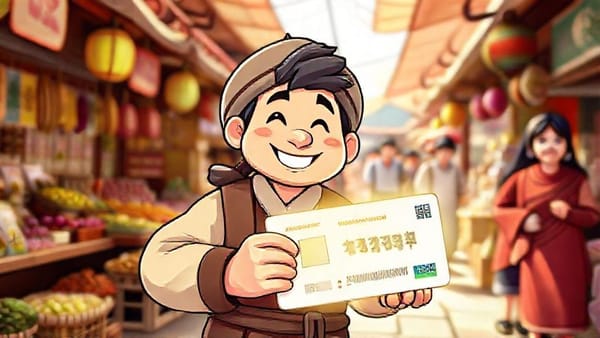 신용 점수를 관리하는 노비가 엽전 신분증을 들고 있는 이미지