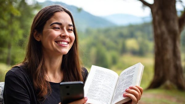 스마트폰 화면에서 벗어나 자연을 바라보며 미소 짓는 사람의 모습. 손에는 스마트폰 대신 책을 들고 있다.