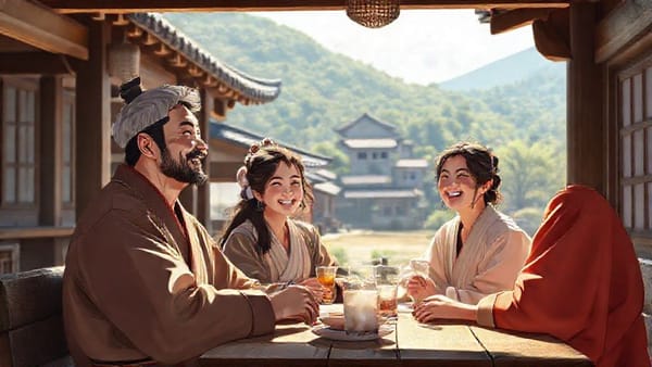 고대 한국풍 주막에서 여유롭게 휴식을 취하는 젊은 남녀 노비들이 미소 짓는 모습