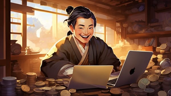 재능을 활용하여 엽전을 쌓는 노비의 모습. 노트북 앞에서 밝은 표정으로 작업하며, 주변에 엽전들이 쌓여있는 이미지.