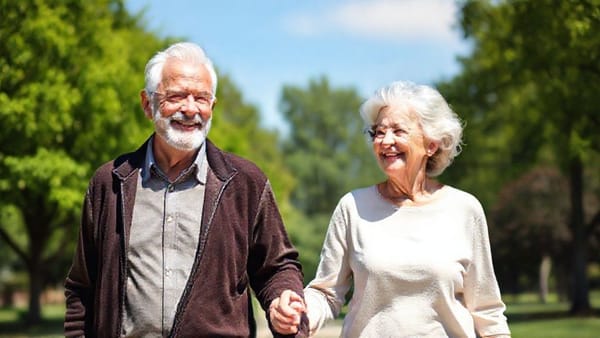 나이든 부부가 평화롭게 웃으며 공원을 걷고 있는 모습, 뒤로는 푸른 하늘과 나무들이 펼쳐져 있다.